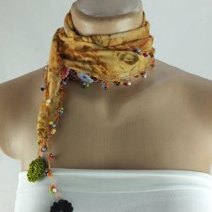 Floral Scarf With Crochet Flower Edges ,cotton..