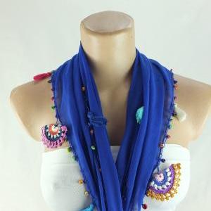 Blue Scarf , Cotton Scarf With Crochet Edges ,..