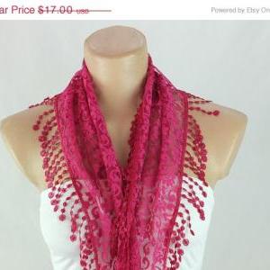 Fuchsia Lace Scarf , Cowl With Lace Trim,summer..