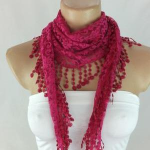 Fuchsia Lace Scarf , Cowl With Lace Trim,summer..