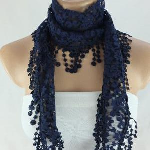 Navy blue lace scarf , cowl with la..