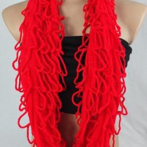 Red Infinity Scarf, Knitted Scarf, Loopy Scarf,..