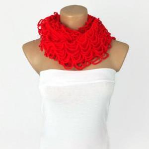 Red Infinity Scarf, Knitted Scarf, Loopy Scarf,..