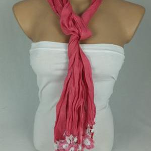 Wrinkled Pink Cotton Scarf, Cowl With Crochet..