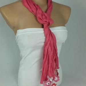Wrinkled Pink Cotton Scarf, Cowl With Crochet..