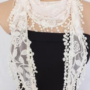 Champagne Color Lace Scarf , Cowl With Lace Trim,..