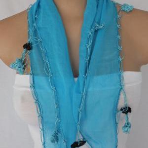 Blue Cotton Scarf ,blue Cowl With Hand Crochet..