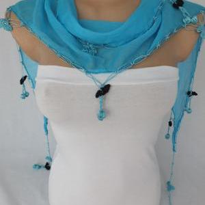 Blue Cotton Scarf ,blue Cowl With Hand Crochet..