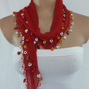 Dark Red Scarf, Cotton Scarf , Cowl With Beaded..