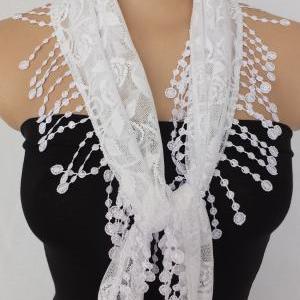 White Lace Scarf , White Cow With Lace Trim,white..