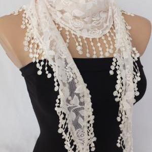 White Lace Scarf , White Cow With Lace Trim,white..