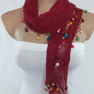 Bordeaux Scarf, Cotton Scarf , Cowl With Beaded..