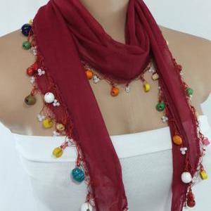 Bordeaux Scarf, Cotton Scarf , Cowl With Beaded..