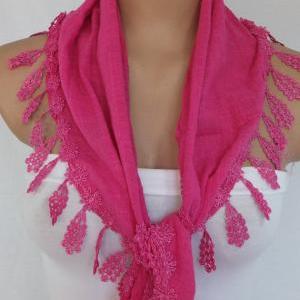 Pink Cotton Scarf, Cowl With Lace Flower..