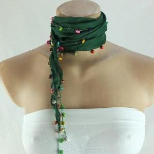 Green Scarf, Beaded Scarf, Green Cotton Cowl,..