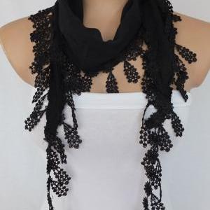 Black Cotton Scarf, Cowl With Lace Flower..
