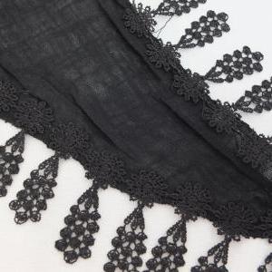 Black Cotton Scarf, Cowl With Lace Flower..