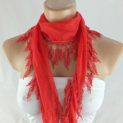 Coral Red scarf , lace trim scarf, ..