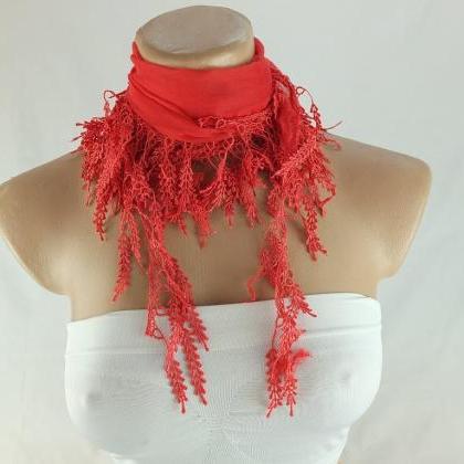 Coral Red scarf , lace trim scarf, ..