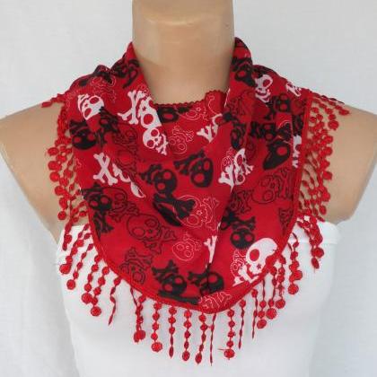 Skulls Scarf , Red Fashion Scarf, Cowl With Lace..