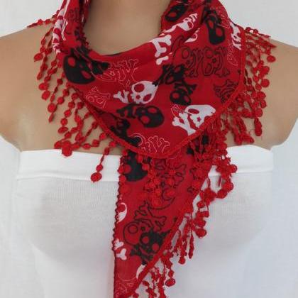 Skulls Scarf , Red Fashion Scarf, Cowl With Lace..
