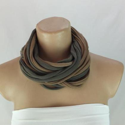Infinity Scarf, Khaki Green And Taupe Long Ring..