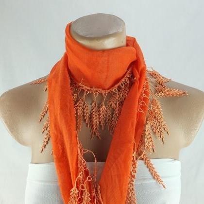 Pumpkin orange scarf , lace trim sc..