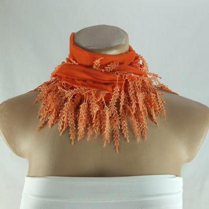 Pumpkin orange scarf , lace trim sc..