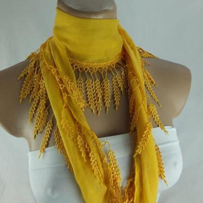 Dark yellow scarf , lace trim scarf..