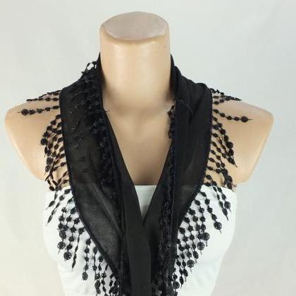 Black Scarf, Cotton Scarf, Cowl With Lace..