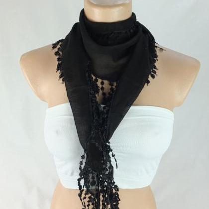 Black Scarf, Cotton Scarf, Cowl With Lace..