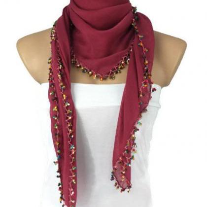 Fuchsia -cherry Scarf With Crocheted Bead Edges,..