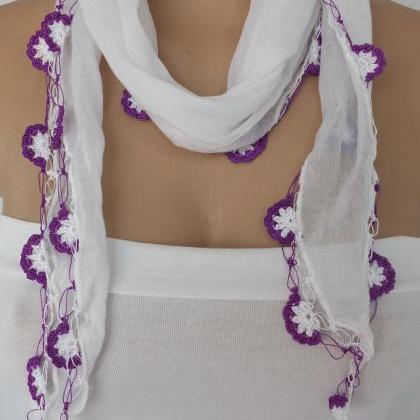 White Cotton Scarf, Cowl With Crochet Flowers ,..