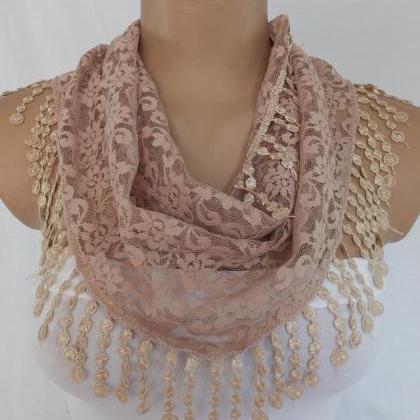 Tan Lace Scarf , Beige Scarf With Lace Trim,summer..