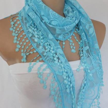 Light Blue Lace Scarf , Cowl With Lace Trim,summer..