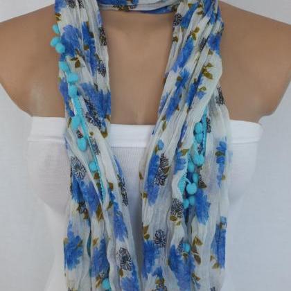Blue Floral Scarf, Long Blue Scarf With Pompom..