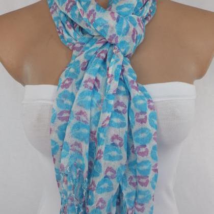 Fringed scarf, lips printed scarf, ..