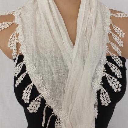 white cotton scarf, cowl with lace ..