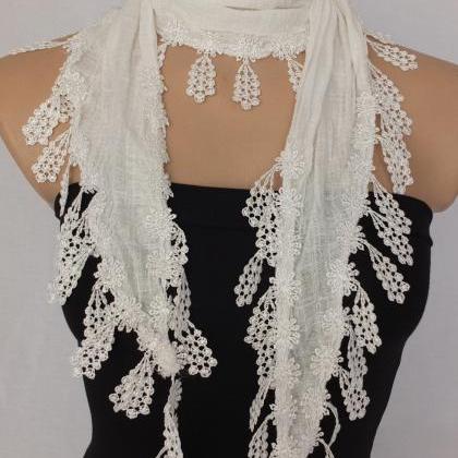 white cotton scarf, cowl with lace ..