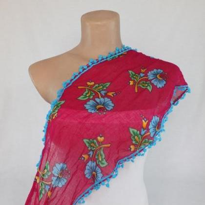 Fuchsia Scarf,cotton Scarf, Cowl With Polyester..