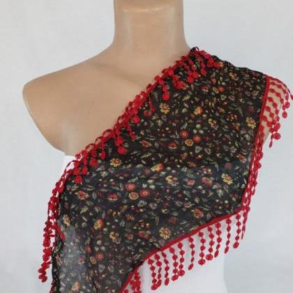 Black Scarf, Floral Scarf, Cotton Scarf, Cowl With..
