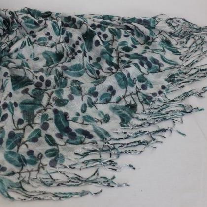 Green And Black Leaves Scarf , Fringed Long Scarf,..