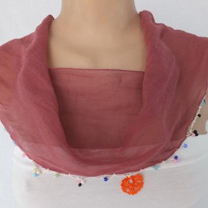 Cherry Color Scarf, Cotton Scarf With Bead And..