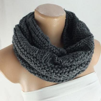 Chunky Knit Infinity Scarf, Charcoal Gray Scarf ,..