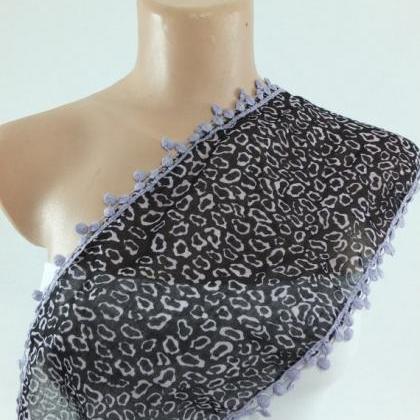 Leopard Print Scarf , Black-lilac Cotton Scarf,..