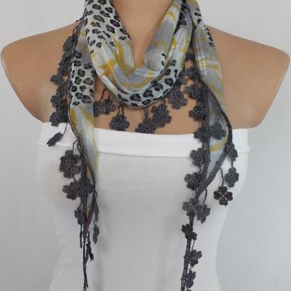 Gray-yellow chiffon scarf, woman fa..