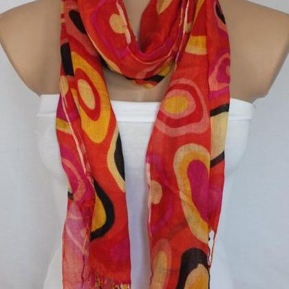 Red Fringed Scarf, Lime Green Scarf , Woman..