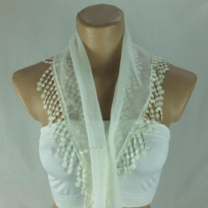 Cream Color Fringed Scarf, Cotton Scarf, Cowl With..