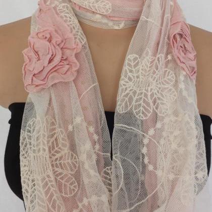 Embroidery Tulle And Cotton Scarf, Pale Pink And..