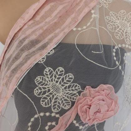 Embroidery Tulle And Cotton Scarf, Pale Pink And..